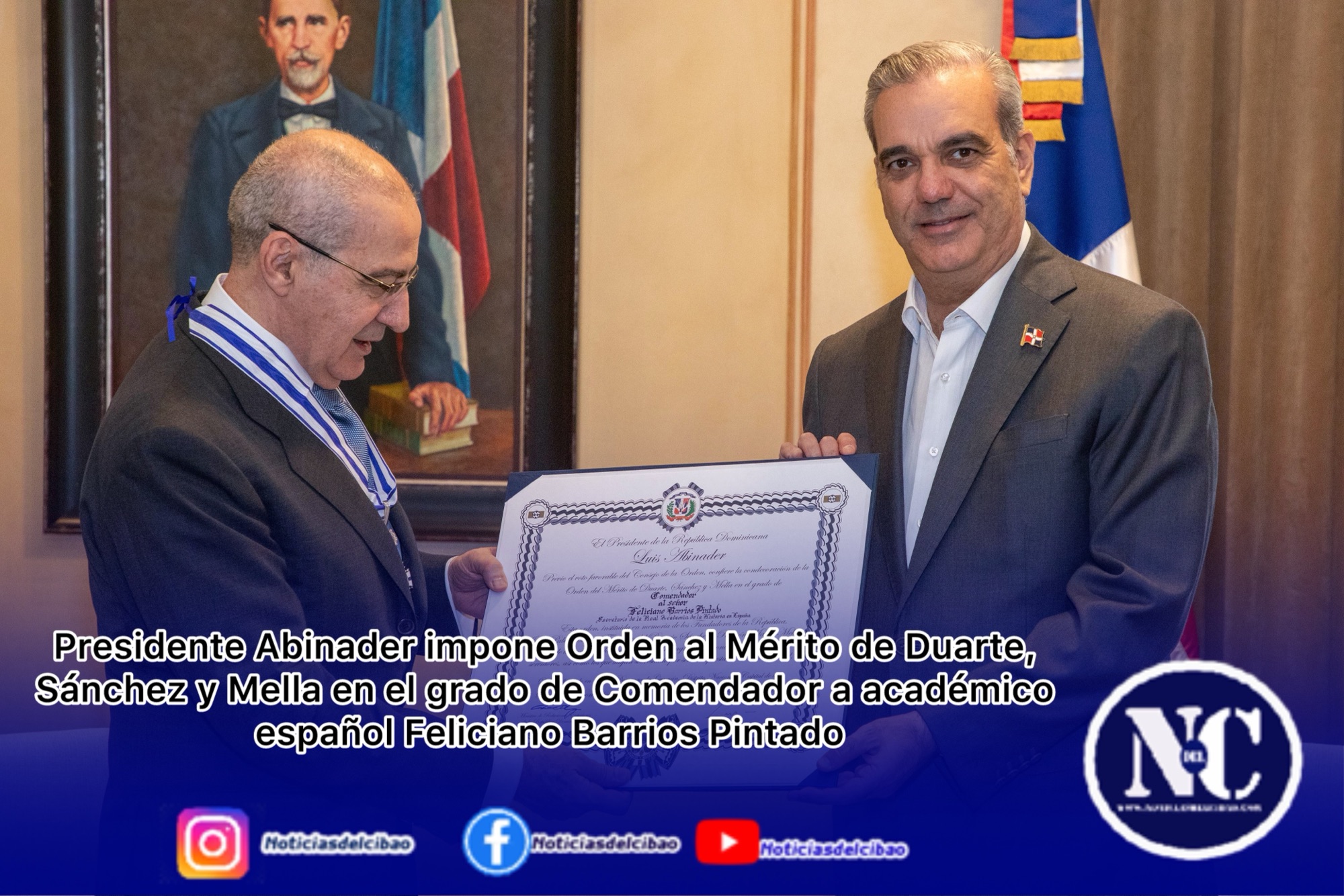 Presidente Abinader impone Orden al Mérito de Duarte, Sánchez y Mella en el grado de Comendador a académico español Feliciano Barrios Pintado